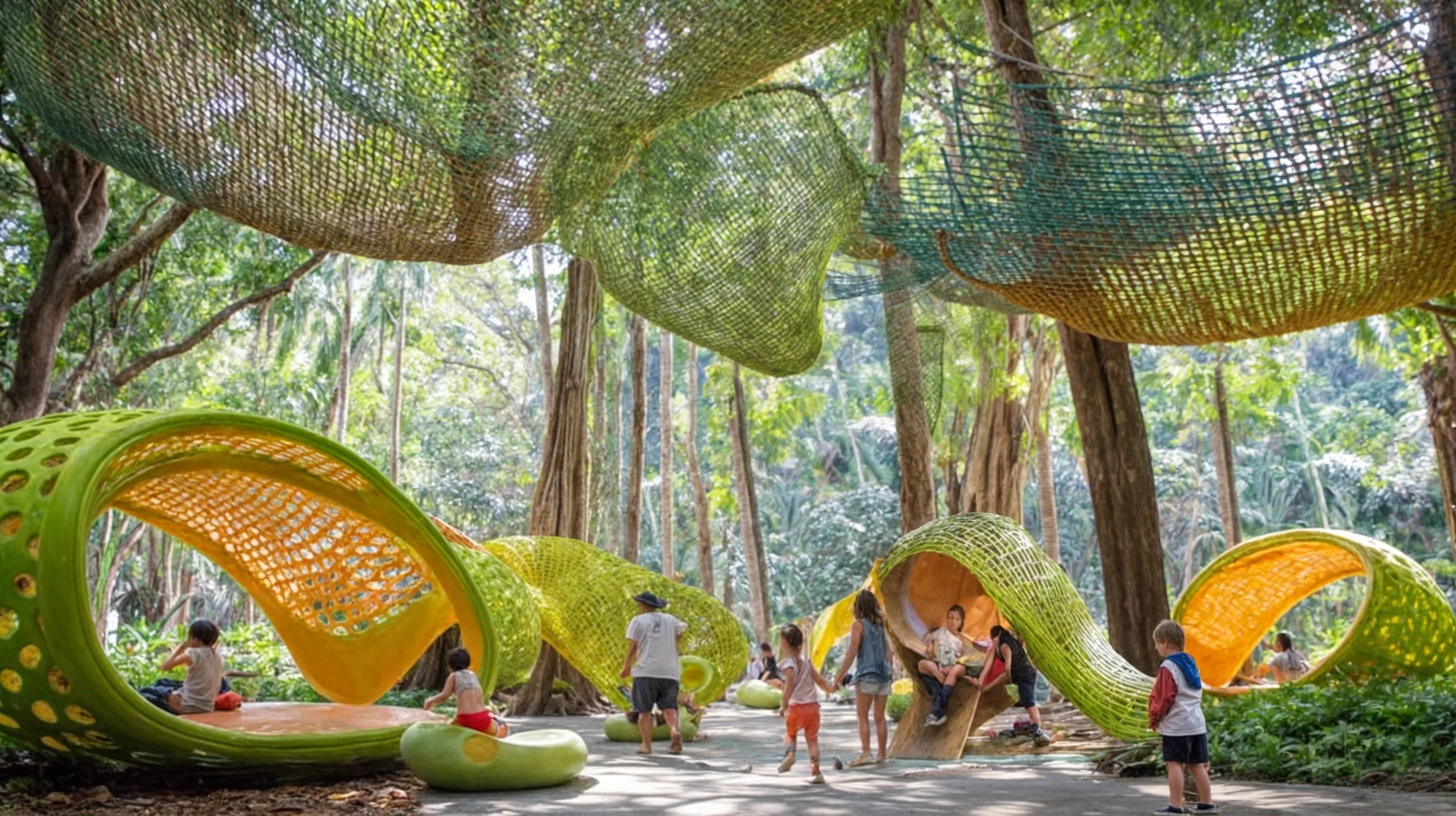 Children playing in green net play tunnels in the rainforest — the Nido Farms reposition.
