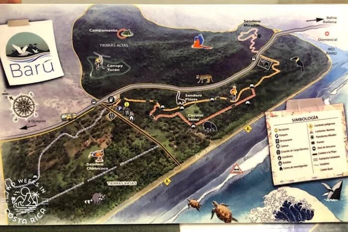 Illustrated trail map of the Hacienda Barú National Wildlife Refuge.